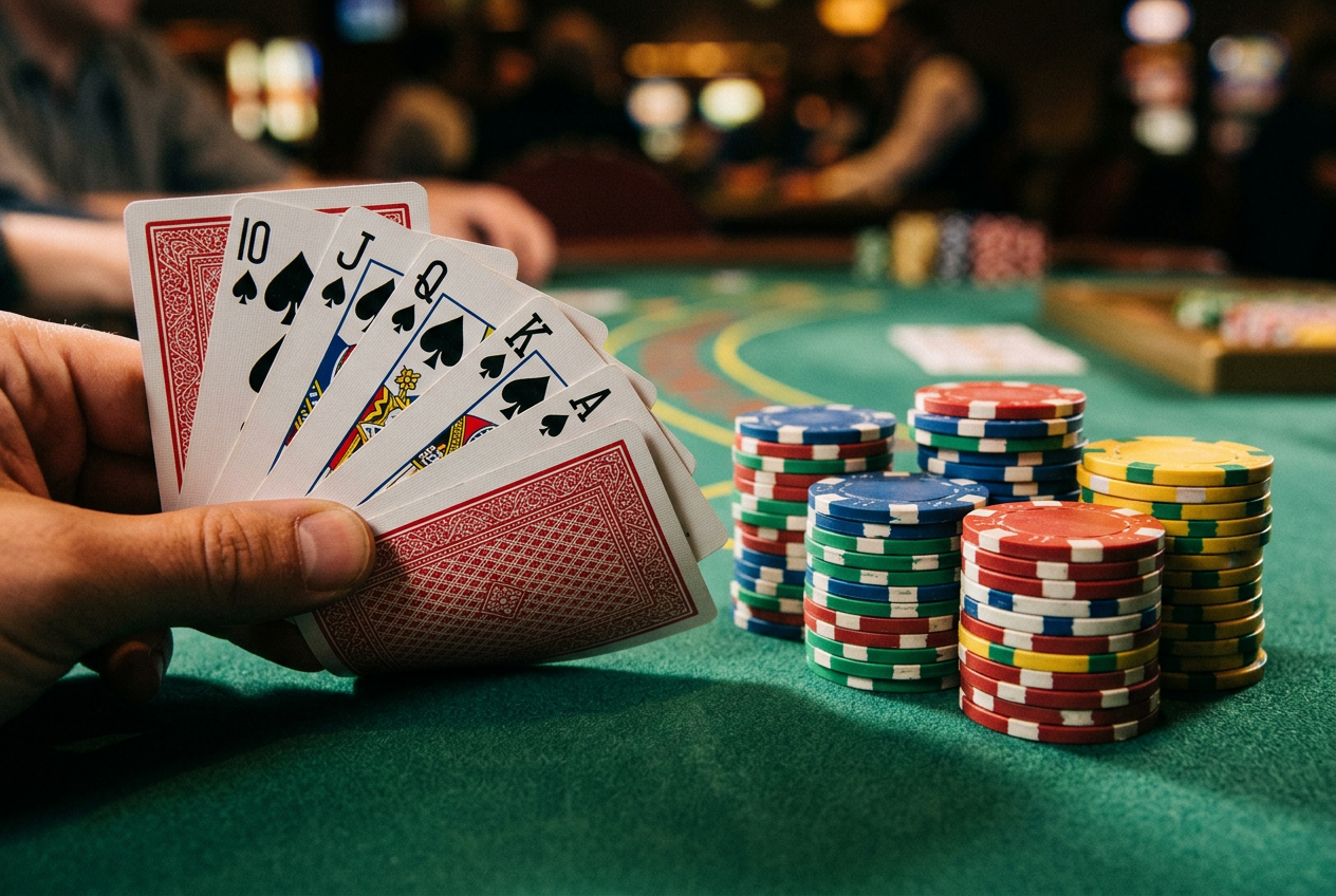 Detailní záběr na hromádku pokerových žetonů a vějíř karet na zeleném plátně