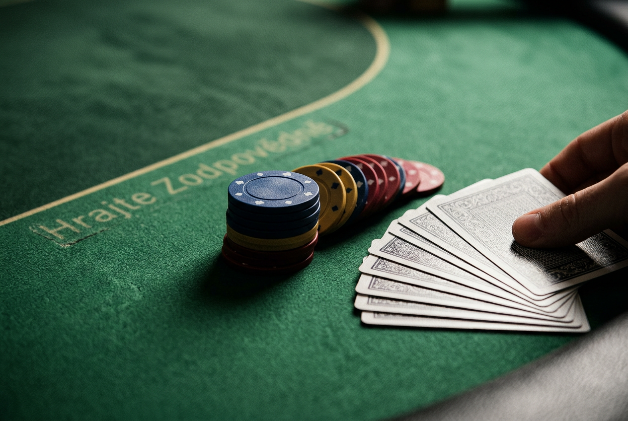 Detailní pohled na sadu karet a pokerových žetonů s profesionálním osvětlením na zeleném plátně
